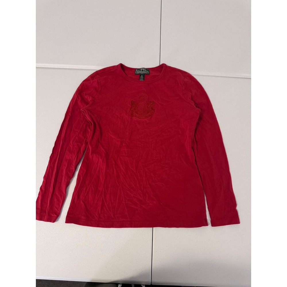 Ralph Lauren Active Red Long Sleeve Crest Embroidered Cotton Top Womens M u3